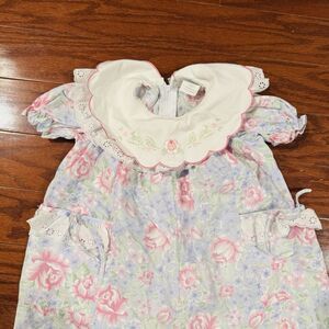Vintage Girls 12 Months Pink Floral Bubble Romper Jumper Lace Collar Ribbon